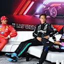 LAS VEGAS, NEVADA - NOVEMBER 22: Pole position qualifier George Russell of Great Britain and Mercedes, Second placed qualifier Carlos Sainz of Spain and Ferrari and Third placed qualifier Pierre Gasly of France and Alpine F1 attend the press conference after qualifying ahead of the F1 Grand Prix of Las Vegas at Las Vegas Strip Circuit on November 22, 2024 in Las Vegas, Nevada. (Photo by Mark Sutton - Formula 1/Formula 1 via Getty Images)