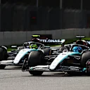 MEXICO CITY, MEXICO - OCTOBER 27: George Russell of Great Britain driving the (63) Mercedes AMG Petronas F1 Team W15 leads Lewis Hamilton of Great Britain driving the (44) Mercedes AMG Petronas F1 Team W15 on track during the F1 Grand Prix of Mexico at Autodromo Hermanos Rodriguez on October 27, 2024 in Mexico City, Mexico. (Photo by Peter Fox - Formula 1/Formula 1 via Getty Images)