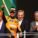 MEXICO CITY, MEXICO - OCTOBER 27: Second placed Lando Norris of Great Britain and McLaren celebrates on the podium after the F1 Grand Prix of Mexico at Autodromo Hermanos Rodriguez on October 27, 2024 in Mexico City, Mexico. (Photo by Jared C. Tilton/Getty Images)
