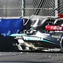 MEXICO CITY, MEXICO - OCTOBER 25: The car of George Russell of Great Britain and Mercedes is seen in the track barrier after crashing during practice ahead of the F1 Grand Prix of Mexico at Autodromo Hermanos Rodriguez on October 25, 2024 in Mexico City, Mexico. (Photo by Peter Fox - Formula 1/Formula 1 via Getty Images)