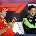 MEXICO CITY, MEXICO - OCTOBER 24: Charles Leclerc of Monaco and Ferrari and Zhou Guanyu of China and Stake F1 Team Kick Sauber attend the Drivers Press Conference during previews ahead of the F1 Grand Prix of Mexico at Autodromo Hermanos Rodriguez on October 24, 2024 in Mexico City, Mexico. (Photo by Chris Graythen/Getty Images)