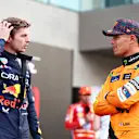 MEXICO CITY, MEXICO - OCTOBER 26: Second placed qualifier Max Verstappen of the Netherlands and Oracle Red Bull Racing talks with Third placed qualifier Lando Norris of Great Britain and McLaren in parc ferme during qualifying ahead of the F1 Grand Prix of Mexico at Autodromo Hermanos Rodriguez on October 26, 2024 in Mexico City, Mexico. (Photo by Bryn Lennon - Formula 1/Formula 1 via Getty Images)