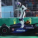 MIAMI, FLORIDA - MAY 05: Logan Sargeant of United States and Williams jumps from his car after crashing during the F1 Grand Prix of Miami at Miami International Autodrome on May 05, 2024 in Miami, Florida. (Photo by Mark Thompson/Getty Images)