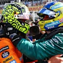 MIAMI, FLORIDA - MAY 05: Race winner Lando Norris of Great Britain and McLaren celebrates with Fernando Alonso of Spain and Aston Martin F1 Team in parc ferme after the F1 Grand Prix of Miami at Miami International Autodrome on May 05, 2024 in Miami, Florida. (Photo by Clive Rose - Formula 1/Formula 1 via Getty Images)