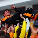 MIAMI, FLORIDA - MAY 05: Race winner Lando Norris of Great Britain and McLaren celebrates with his team in parc ferme after the F1 Grand Prix of Miami at Miami International Autodrome on May 05, 2024 in Miami, Florida. (Photo by Mark Thompson/Getty Images)