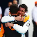 MIAMI, FLORIDA - MAY 05: Race winner Lando Norris of Great Britain and McLaren celebrates with Daniel Ricciardo of Australia and Visa Cash App RB in parc ferme after the F1 Grand Prix of Miami at Miami International Autodrome on May 05, 2024 in Miami, Florida. (Photo by Mark Thompson/Getty Images)