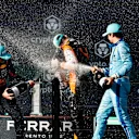 MIAMI, FLORIDA - MAY 05: Race winner Lando Norris of Great Britain and McLaren, Second placed Max Verstappen of the Netherlands and Oracle Red Bull Racing and Third placed Charles Leclerc of Monaco and Ferrari celebrate on the podium after the F1 Grand Prix of Miami at Miami International Autodrome on May 05, 2024 in Miami, Florida. (Photo by Chris Graythen/Getty Images)