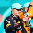 MIAMI, FLORIDA - MAY 05: Second placed Max Verstappen of the Netherlands and Oracle Red Bull Racing celebrates with his trophy on the podium after the F1 Grand Prix of Miami at Miami International Autodrome on May 05, 2024 in Miami, Florida. (Photo by Clive Rose - Formula 1/Formula 1 via Getty Images)
