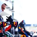 MIAMI, FLORIDA - MAY 03: Third placed qualifier Sergio Perez of Mexico and Oracle Red Bull Racing looks on in parc ferme during Sprint Qualifying ahead of the F1 Grand Prix of Miami at Miami International Autodrome on May 03, 2024 in Miami, Florida. (Photo by Mark Thompson/Getty Images)