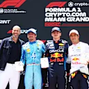 MIAMI, FLORIDA - MAY 04: Sprint winner Max Verstappen of the Netherlands and Oracle Red Bull Racing, Second placed Charles Leclerc of Monaco and Ferrari, Third placed Sergio Perez of Mexico and Oracle Red Bull Racing and Zinedine Zidane pose for a photo in parc ferme during the Sprint ahead of the F1 Grand Prix of Miami at Miami International Autodrome on May 04, 2024 in Miami, Florida. (Photo by Clive Rose - Formula 1/Formula 1 via Getty Images)
