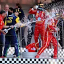 MONTE-CARLO, MONACO - MAY 26: Race winner Charles Leclerc of Monaco and Ferrari, Second placed Second placed Oscar Piastri of Australia and McLaren, Third placed Carlos Sainz of Spain and Ferrari and Ferrari Team Principal Frederic Vasseur celebrate on the podium during the F1 Grand Prix of Monaco at Circuit de Monaco on May 26, 2024 in Monte-Carlo, Monaco. (Photo by Ryan Pierse/Getty Images)