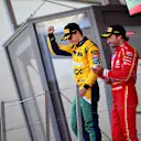 MONTE-CARLO, MONACO - MAY 26: Second placed Oscar Piastri of Australia and McLaren and Third placed Carlos Sainz of Spain and Ferrari celebrates on the podium during the F1 Grand Prix of Monaco at Circuit de Monaco on May 26, 2024 in Monte-Carlo, Monaco. (Photo by Rudy Carezzevoli/Getty Images)