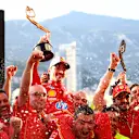 MONTE-CARLO, MONACO - MAY 26: Race winner Charles Leclerc of Monaco and Ferrari celebrates with his team after the F1 Grand Prix of Monaco at Circuit de Monaco on May 26, 2024 in Monte-Carlo, Monaco. (Photo by Clive Rose/Getty Images)