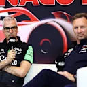MONTE-CARLO, MONACO - MAY 24: Alessandro Alunni Bravi, Team Representative of Stake F1 Team Kick Sauber and Oracle Red Bull Racing Team Principal Christian Horner attend the Team Principals Press Conference during practice ahead of the F1 Grand Prix of Monaco at Circuit de Monaco on May 24, 2024 in Monte-Carlo, Monaco. (Photo by Clive Rose/Getty Images)