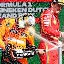 ZANDVOORT, NETHERLANDS - AUGUST 25: Race winner Lando Norris of Great Britain and McLaren and third placed Charles Leclerc of Monaco and Ferrari celebrate in parc ferme after the F1 Grand Prix of Netherlands at Circuit Zandvoort on August 25, 2024 in Zandvoort, Netherlands. (Photo by Joe Portlock/Getty Images)
