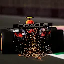 JEDDAH, SAUDI ARABIA - MARCH 07: Sparks fly from the car of Sergio Perez of Mexico driving the (11) Oracle Red Bull Racing RB20 during practice ahead of the F1 Grand Prix of Saudi Arabia at Jeddah Corniche Circuit on March 07, 2024 in Jeddah, Saudi Arabia. (Photo by Bryn Lennon - Formula 1/Formula 1 via Getty Images)
