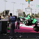 JEDDAH, SAUDI ARABIA - MARCH 08: The car of Zhou Guanyu of China and Stake F1 Team Kick Sauber is removed from the circuit after a crash causing a red flag during final practice ahead of the F1 Grand Prix of Saudi Arabia at Jeddah Corniche Circuit on March 08, 2024 in Jeddah, Saudi Arabia. (Photo by Joe Portlock - Formula 1/Formula 1 via Getty Images)
