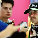 JEDDAH, SAUDI ARABIA - MARCH 08: 16th placed qualifier Valtteri Bottas of Finland and Stake F1 Team Kick Sauber talks to the media in the Paddock during qualifying ahead of the F1 Grand Prix of Saudi Arabia at Jeddah Corniche Circuit on March 08, 2024 in Jeddah, Saudi Arabia. (Photo by Peter Fox - Formula 1/Formula 1 via Getty Images)