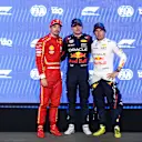 JEDDAH, SAUDI ARABIA - MARCH 08: Pole position qualifier qualifier Max Verstappen of the Netherlands and Oracle Red Bull Racing, Second placed qualifier Charles Leclerc of Monaco and Ferrari and Third placed qualifier Sergio Perez of Mexico and Oracle Red Bull Racing pose for a photo in parc ferme during qualifying ahead of the F1 Grand Prix of Saudi Arabia at Jeddah Corniche Circuit on March 08, 2024 in Jeddah, Saudi Arabia. (Photo by Bryn Lennon - Formula 1/Formula 1 via Getty Images)