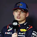 JEDDAH, SAUDI ARABIA - MARCH 08: Pole position qualifier, Max Verstappen of the Netherlands and Oracle Red Bull Racing talks in a press conference after qualifying ahead of the F1 Grand Prix of Saudi Arabia at Jeddah Corniche Circuit on March 08, 2024 in Jeddah, Saudi Arabia. (Photo by Bryn Lennon/Getty Images)