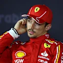 JEDDAH, SAUDI ARABIA - MARCH 08: Second placed qualifier Charles Leclerc of Monaco and Ferrari talks in a press conference following qualifying ahead of the F1 Grand Prix of Saudi Arabia at Jeddah Corniche Circuit on March 08, 2024 in Jeddah, Saudi Arabia. (Photo by Bryn Lennon/Getty Images)