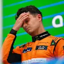 BARCELONA, SPAIN - JUNE 23: Second placed Lando Norris of Great Britain and McLaren reacts on the podium during the F1 Grand Prix of Spain at Circuit de Barcelona-Catalunya on June 23, 2024 in Barcelona, Spain. (Photo by Rudy Carezzevoli/Getty Images)