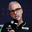 BARCELONA, SPAIN - JUNE 21: Alessandro Alunni Bravi, Team Representative of Stake F1 Team Kick Sauber talks in the Team Principals Press Conference during practice ahead of the F1 Grand Prix of Spain at Circuit de Barcelona-Catalunya on June 21, 2024 in Barcelona, Spain. (Photo by Clive Rose/Getty Images)