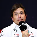 BARCELONA, SPAIN - JUNE 21: Mercedes GP Executive Director Toto Wolff talks in the Team Principals Press Conference during practice ahead of the F1 Grand Prix of Spain at Circuit de Barcelona-Catalunya on June 21, 2024 in Barcelona, Spain. (Photo by Clive Rose/Getty Images)