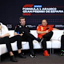 BARCELONA, SPAIN - JUNE 21: Mercedes GP Executive Director Toto Wolff, Bruno Famin, Team Principal of Alpine F1, Ferrari Team Principal Frederic Vasseur and Alessandro Alunni Bravi, Team Representative of Stake F1 Team Kick Sauber look on in the Team Principals Press Conference during practice ahead of the F1 Grand Prix of Spain at Circuit de Barcelona-Catalunya on June 21, 2024 in Barcelona, Spain. (Photo by Clive Rose/Getty Images)