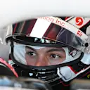 BARCELONA, SPAIN - JUNE 21: Oliver Bearman of Great Britain driving the (50) Haas F1 VF-24 Ferrari prepares to drive in the garage  during practice ahead of the F1 Grand Prix of Spain at Circuit de Barcelona-Catalunya on June 21, 2024 in Barcelona, Spain. (Photo by Mark Sutton - Formula 1/Formula 1 via Getty Images)
