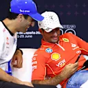 BARCELONA, SPAIN - JUNE 20: Carlos Sainz of Spain and Ferrari and Daniel Ricciardo of Australia and Visa Cash App RB attend the press conference during previews ahead of the F1 Grand Prix of Spain at Circuit de Barcelona-Catalunya on June 20, 2024 in Barcelona, Spain. (Photo by Clive Rose/Getty Images)