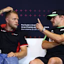 BARCELONA, SPAIN - JUNE 20: Kevin Magnussen of Denmark and Haas F1 and Valtteri Bottas of Finland and Stake F1 Team Kick Sauber attend the press conference during previews ahead of the F1 Grand Prix of Spain at Circuit de Barcelona-Catalunya on June 20, 2024 in Barcelona, Spain. (Photo by Clive Rose/Getty Images)