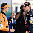 BARCELONA, SPAIN - JUNE 22: Pole position qualifier Lando Norris of Great Britain and McLaren and Second placed qualifier Max Verstappen of the Netherlands and Oracle Red Bull Racing talk in parc ferme during qualifying ahead of the F1 Grand Prix of Spain at Circuit de Barcelona-Catalunya on June 22, 2024 in Barcelona, Spain. (Photo by Mark Sutton - Formula 1/Formula 1 via Getty Images)