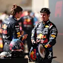 AUSTIN, TEXAS - OCTOBER 20: Third placed Max Verstappen of the Netherlands and Oracle Red Bull Racing and 7th placed Sergio Perez of Mexico and Oracle Red Bull Racing talk in parc ferme during the F1 Grand Prix of United States at Circuit of The Americas on October 20, 2024 in Austin, Texas. (Photo by Jared C. Tilton/Getty Images)