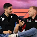 AUSTIN, TEXAS - OCTOBER 17: Esteban Ocon of France and Alpine F1 and Kevin Magnussen of Denmark and Haas F1 talk in the Drivers Press Conference during previews ahead of the F1 Grand Prix of United States at Circuit of The Americas on October 17, 2024 in Austin, Texas. (Photo by Mark Sutton/Getty Images)