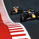 AUSTIN, TEXAS - OCTOBER 19: Max Verstappen of the Netherlands driving the (1) Oracle Red Bull Racing RB20 leads Lando Norris of Great Britain driving the (4) McLaren MCL38 Mercedes during the Sprint ahead of the F1 Grand Prix of United States at Circuit of The Americas on October 19, 2024 in Austin, Texas. (Photo by Mark Thompson/Getty Images)