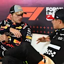 AUSTIN, TEXAS - OCTOBER 19: Sprint winner Max Verstappen of the Netherlands and Oracle Red Bull Racing and Third placed Lando Norris of Great Britain and McLaren attend the press conference after during the Sprint ahead of the F1 Grand Prix of United States at Circuit of The Americas on October 19, 2024 in Austin, Texas. (Photo by Mark Sutton/Getty Images)