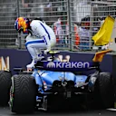 MELBOURNE, AUSTRALIA - MARCH 16: Carlos Sainz of Spain driving the (55) Williams FW47 Mercedes crashes during the F1 Grand Prix of Australia at Albert Park Grand Prix Circuit on March 16, 2025 in Melbourne, Australia. (Photo by Rudy Carezzevoli/Getty Images)