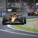MELBOURNE, AUSTRALIA - MARCH 16: Lando Norris of Great Britain driving the (4) McLaren MCL39 Mercedes leads Oscar Piastri of Australia driving the (81) McLaren MCL39 Mercedes on track during the F1 Grand Prix of Australia at Albert Park Grand Prix Circuit on March 16, 2025 in Melbourne, Australia. (Photo by Clive Mason/Getty Images)