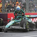 MELBOURNE, AUSTRALIA - MARCH 16: Fernando Alonso of Spain and Aston Martin F1 Team after crashing during the F1 Grand Prix of Australia at Albert Park Grand Prix Circuit on March 16, 2025 in Melbourne, Australia. (Photo by Clive Mason/Getty Images)
