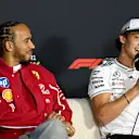 MELBOURNE, AUSTRALIA - MARCH 13: Lewis Hamilton of Great Britain and Scuderia Ferrari and Andrea Kimi Antonelli of Italy and Mercedes AMG Petronas F1 Team are interviewed in the Press Conference during previews ahead of the F1 Grand Prix of Australia at Albert Park Grand Prix Circuit on March 13, 2025 in Melbourne, Australia. (Photo by Mark Sutton - Formula 1/Formula 1 via Getty Images)