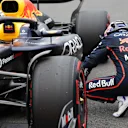 MELBOURNE, AUSTRALIA - MARCH 15: Third placed qualifier Max Verstappen of the Netherlands and Oracle Red Bull Racing inspects his car during qualifying ahead of the F1 Grand Prix of Australia at Albert Park Grand Prix Circuit on March 15, 2025 in Melbourne, Australia. (Photo by Mark Thompson/Getty Images)