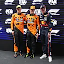 MELBOURNE, AUSTRALIA - MARCH 15: Second placed qualifier Oscar Piastri of Australia and McLaren Pole position qualifier Lando Norris of Great Britain and McLaren and 3Max Verstappen of the Netherlands and Oracle Red Bull Racing during qualifying ahead of the F1 Grand Prix of Australia at Albert Park Grand Prix Circuit on March 15, 2025 in Melbourne, Australia. (Photo by Getty Images/Getty Images)