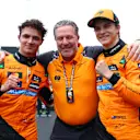 SHANGHAI, CHINA - MARCH 23: Second placed Lando Norris of Great Britain and McLaren Zak Brown, Chief Executive Officer of McLaren and Race winner Oscar Piastri of Australia and McLaren celebrate in parc ferme during the F1 Grand Prix of China at Shanghai International Circuit on March 23, 2025 in Shanghai, China. (Photo by Bryn Lennon - Formula 1/Formula 1 via Getty Images)