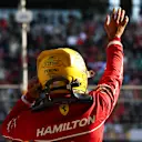 SHANGHAI, CHINA - MARCH 21: Sprint Pole qualifier Lewis Hamilton of Great Britain and Scuderia Ferrari celebrates in parc ferme during Sprint Qualifying ahead of the F1 Grand Prix of China at Shanghai International Circuit on March 21, 2025 in Shanghai, China. (Photo by Bryn Lennon - Formula 1/Formula 1 via Getty Images)