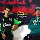 SHANGHAI, CHINA - MARCH 20: Gabriel Bortoleto of Brazil and Stake F1 Team Kick Sauber and Fernando Alonso of Spain and Aston Martin F1 Team in the Drivers Press Conference during previews ahead of the F1 Grand Prix of China at Shanghai International Circuit on March 20, 2025 in Shanghai, China. (Photo by Clive Rose/Getty Images)