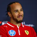 SHANGHAI, CHINA - MARCH 22: Sprint winner Lewis Hamilton of Great Britain and Scuderia Ferrari in the Drivers Press Conference during the Sprint ahead of the F1 Grand Prix of China at Shanghai International Circuit on March 22, 2025 in Shanghai, China. (Photo by Clive Rose/Getty Images)