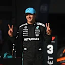 SHANGHAI, CHINA - MARCH 22: Second placed qualifier George Russell of Great Britain and Mercedes AMG Petronas F1 Team celebrates in parc ferme during qualifying ahead of the F1 Grand Prix of China at Shanghai International Circuit on March 22, 2025 in Shanghai, China. (Photo by Rudy Carezzevoli/Getty Images)