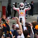 SUZUKA, JAPAN - APRIL 06: Race winner Max Verstappen of the Netherlands and Oracle Red Bull Racing celebrates on arrival in parc ferme during the F1 Grand Prix of Japan at Suzuka Circuit on April 06, 2025 in Suzuka, Japan. (Photo by Clive Rose/Getty Images)