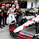 SUZUKA, JAPAN - APRIL 06: Race winner Max Verstappen of the Netherlands and Oracle Red Bull Racing celebrates in parc ferme with his team during the F1 Grand Prix of Japan at Suzuka Circuit on April 06, 2025 in Suzuka, Japan. (Photo by Mark Thompson/Getty Images)